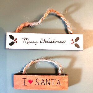2 Mini Merry Christmas Wood Signs I Love Santa Hand Painted Vintage